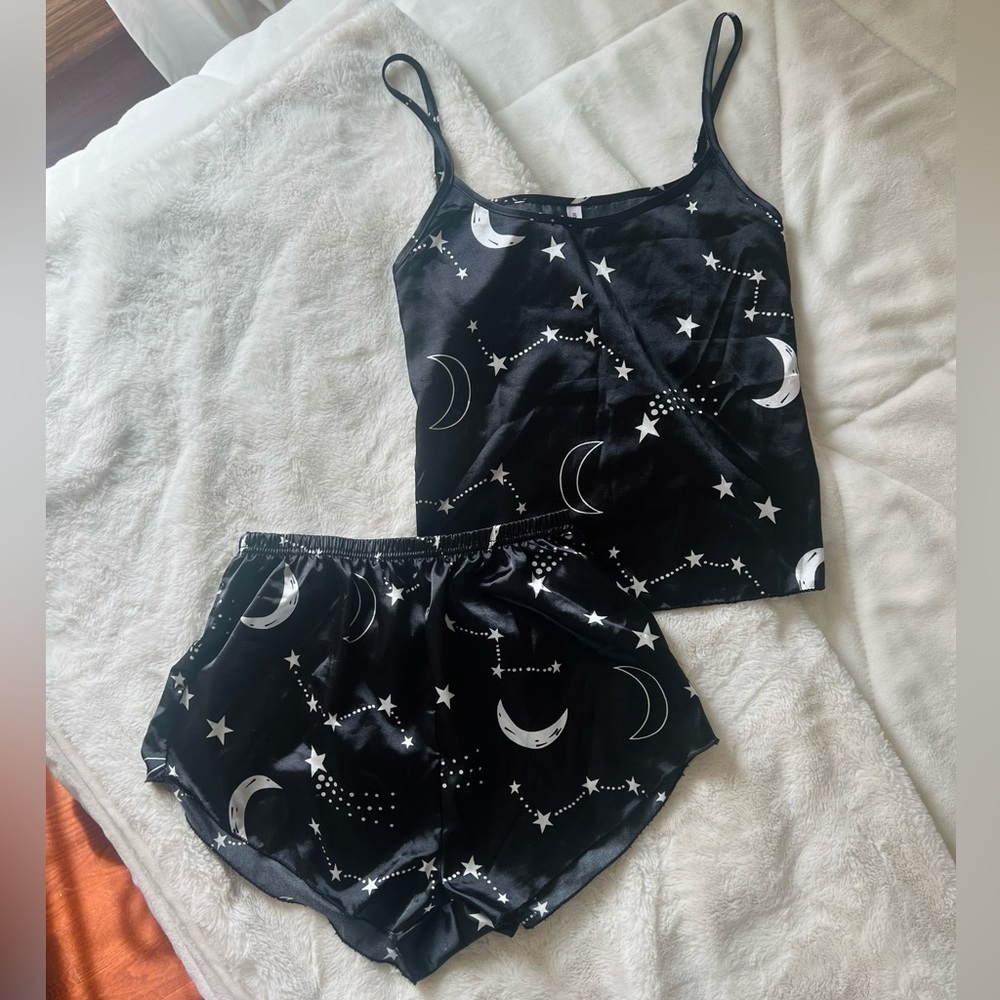 Satin Black Constellation Print Pajama Set | Size S | Never Worn